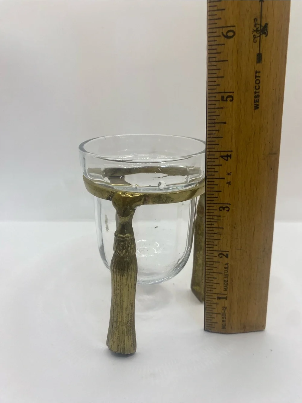 Glass Tealight With Decorative Tassel Detail Brass Stand 4” Height
